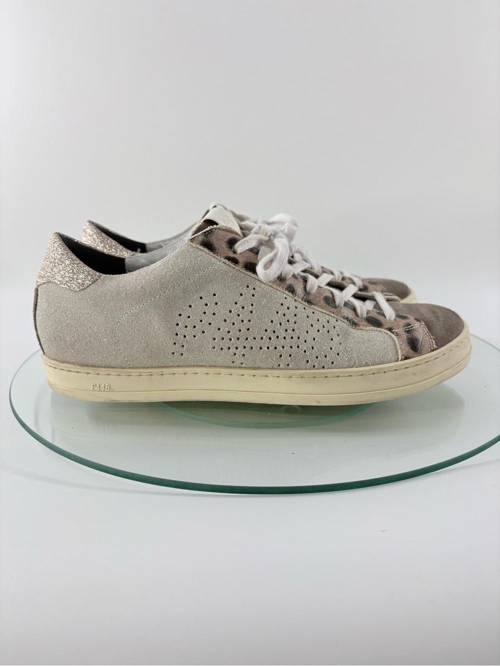 P448 John Leopard Low Top Sneakers Glitter Suede Leather Shoes EU 39 US 8.5